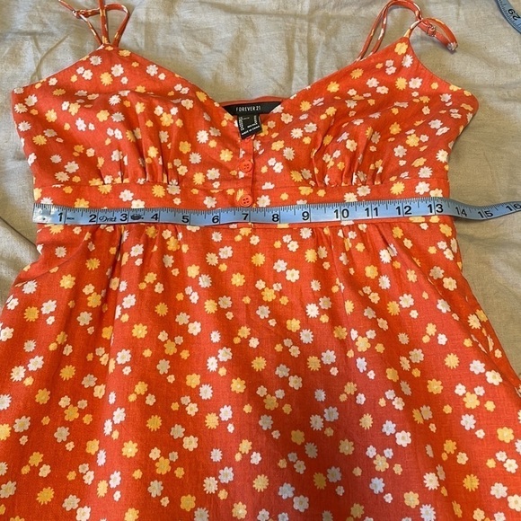 F21 Ditsy Floral Baby Doll Linen Medium Orange Yellow Retro Tank Shift Button - Picture 12 of 13